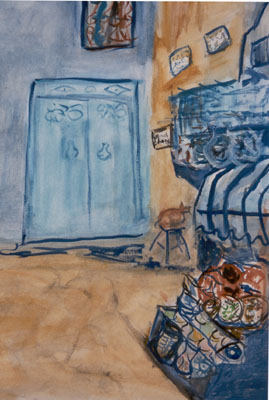 Blue-square-Hammamet-watercolour-painting