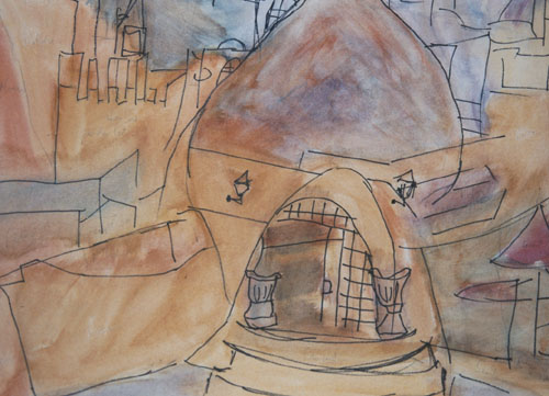 Beach-cafe-with-Dome-Hammamet-watercolour-painting