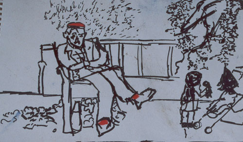 Man-in-Park-with-red-socks-ink-drawing