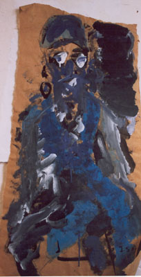 Woman-in-blue-on-brown-paper-watercolour-painting