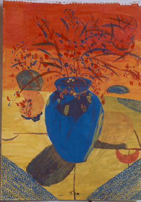 Blue-Vase-in-orange-gouache-painting