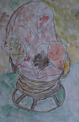 Fluffles-on-cane-chair-watercolour-painting