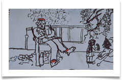 Man in Park with Red Socks and a Beret :: Ink & Pastel on Paper (Mounted) :: 14" x 20" ::  340